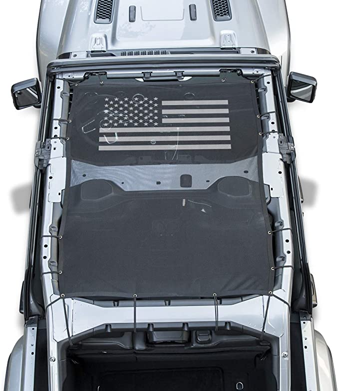 Danti Front Eclipse Sunshade Mesh Sun Shade Top Cover with USA Flag Provides UV Sun Protection for Jeep Wrangler 4 Door JL 2018 2019 2020 Soft Top