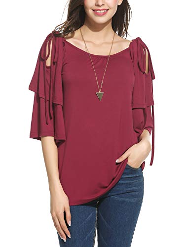 Meaneor Women's Off Shoulder Ruffle Sleeve Round Neck Flouncing Top Blouse Shirt