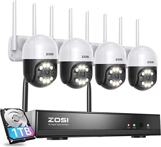 ZOSI 2K PTZ Wireless Security Camera System,4pcs 3MP Pan/Tilt Cameras Outdoor Indoor,8CH 3MP WiFi Surveillance NVR with 1TB HDD,Night Vision,Spotlight & Siren,AI Human Detection,for 24/7 Recording