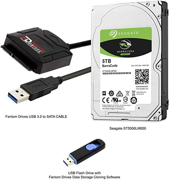 Fantom Drives 5TB Hard Drive Upgrade Kit with Seagate Barracuda ST5000LM000 (2.5" / 15mm), Fantom Drives SATA to USB 3.0 Converter and Fantom Drives Cloning Software Inside USB Flash Drive