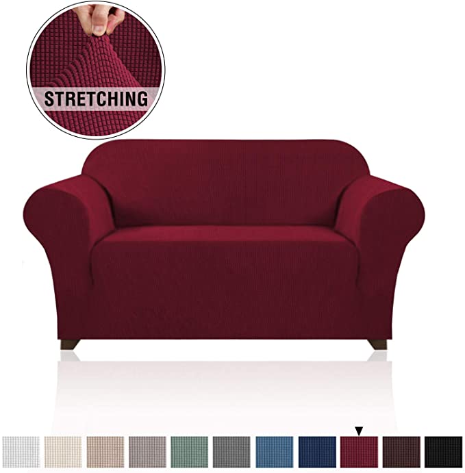 Stretch Sofa Slipcover 1 Piece Sofa Cover for 2 Cushion Couch Furniture Protector/Cover Couch with Elastic Bottom Soft and Durable Sofa Cover Pet Protector (Loveseat, Burgundy Red)