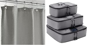 Gorilla Grip Waffle Shower Curtain and 3 Piece Packing Cubes for Luggage, Shower Curtain Size 72x72, Machine Wash, Packing Cubes are Lightweight, Includes Mesh Window, Both in Gray, 2 Item Bundle