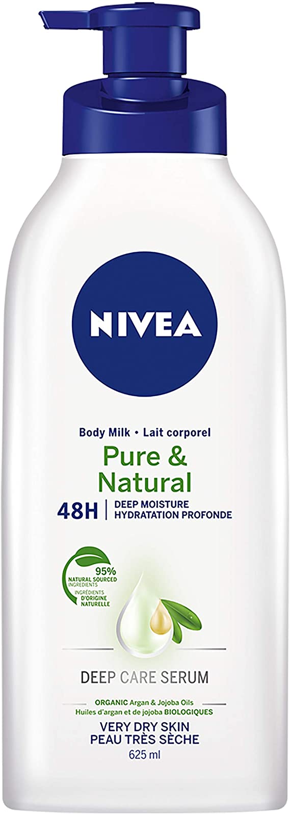 NIVEA Pure & Natural Deep Moisture Body Milk (625ml), Skin Lotion Enriched with Argan Oil & Jojoba Oil, Body Cream for 48H of Noticeably Smoother Skin