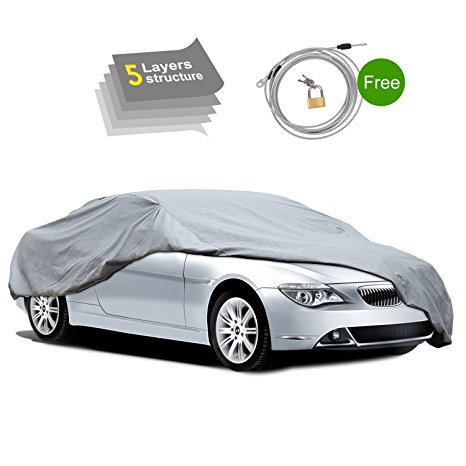 Pumpkin 5 Layer Car Cover - Breathable Dust Prevention, Waterproof UV Solar Protection for Indoor Outdoor Sedan - with Gust Guard Strap