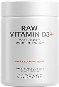 Codeage Raw Vitamin D3  High Potency 5000 IU Supplement From Saccharomyces Cerevisiae - Raw Vitamin Enhanced with Omega-9, Probiotics, Digestive Enzymes, Fruits & Greens - 2-Month Supply - 60 Capsules