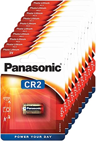 Panasonic CR2 cylindrical lithium battery for high power-consuming lightweight appliances such as smoke alarms, intruder alarm systems, head lamps, cameras, 3V, 10 packs (10 batteries)