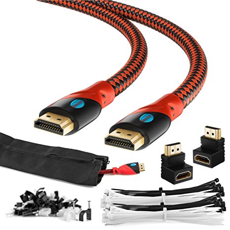 MAXIMM HDMI High Speed Cable 30FT For Ethernet 3D 4K Audio Return Blu-Ray Playstation XBox & Streaming. Red & Black Braided Cable 30AWG - Cable Sleeve Ties Clips 90 & 270 Degree Adapter Included