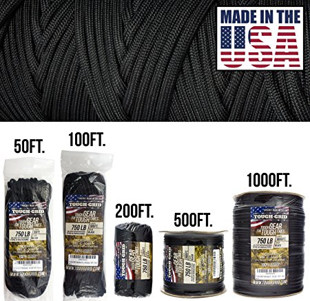 TOUGH-GRID 750lb Paracord / Parachute Cord - Genuine Mil Spec Type IV 750lb Paracord Used by the US Military (MIl-C-5040-H) - 100% Nylon - Made In The USA.