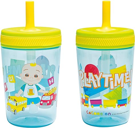 Zak Designs Cocomelon Kelso Tumbler Set, Leak-Proof Screw-On Lid with Straw, BPA-Free, Made of Durable Plastic and Silicone, Perfect Bundle for Kids (15 oz, 2pc Set)
