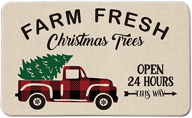 AVOIN Farm Fresh Christmas Tree Truck Pickup Decorative Doormat, 17 x 29 Inch Winter Holiday Non-Skid Low-Profile Floor Mat Switch Mat Indoor Outdoor Home Garden