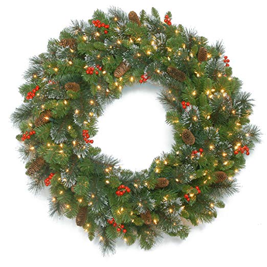 National Tree 48 Inch Crestwood Spruce Wreath with Silver Bristles, Cones, Red Berries and 250 Clear Lights (CW7-306-48W)