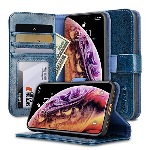 iPhone Xs Max Case, Jisoncase Genuine Leather Wallet Case with Kickstand Card Slot Cash Holder for iPhone Xs Max, Folding Flip Case with Magnetic Closure (Blue)