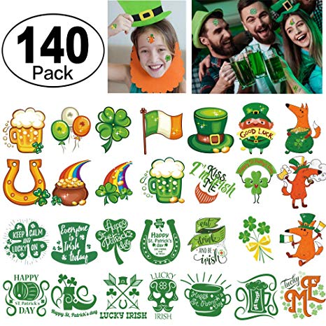 St. Patrick's Day Tattoos 140pcs Temporary Shamrock Tattoos 28 Designs for St. Paddy's day Parade Party Favors Decorations