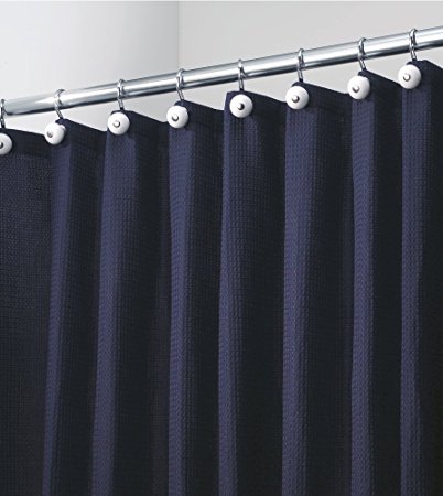 mDesign Hotel Quality Polyester/Cotton Blend Fabric Shower Curtain, Rustproof Metal Grommets - Waffle Weave for Bathroom Showers and Bathtubs - 72" x 72", Navy Blue