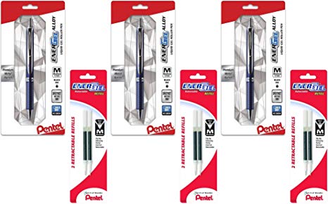 Pentel EnerGel Alloy RT Premium Liquid Gel Pen, 0.7mm Navy Blue Barrel, Black Ink 3 Pens with 6 Refills Black Ink 0.7mm, Metal Tip