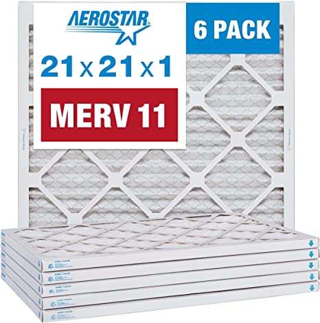 Aerostar 21x21x1 MERV 11 Pleated Air Filter, AC Furnace Air Filter, 6 Pack (Actual Size: 20.875" x 20.875" x 0.75")