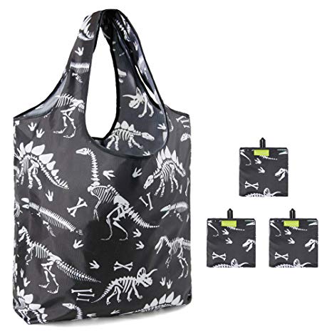 Animal Reusable Groceries Bag Foldable with Pouch Large Capacity Rip-stop Sturdy Nylon Shopping Totes Machine Washable Dino Bone Patterns Black Set of 3