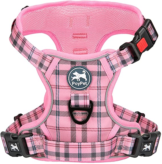 PoyPet No Pull Dog Harness, [Release at Neck] Reflective Adjustable No Choke Pet Vest with Front & Back 2 Leash Attachments, Soft Control Training Handle for Small Medium Large Dogs