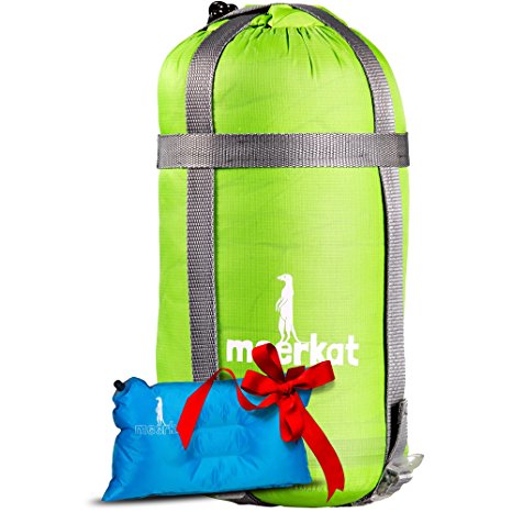 Meerkat Down Sleeping Bag for 3-Season with Self-Inflating Pillow for Camping, Backpacking & Hiking. Lightweight Mummy Style, Long Size. Includes a Compression Sack and a Washable Pillow Case.