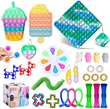 Biayxms 30Pcs Fidget Packs Anti-Anxiety Tools,Fidget Toy Pack with Marble Mesh Sensory Tube and Keychain Mini Fidget Block Set Figetget Stress Relief Toys for Adults Kids (72D5, OneSize)