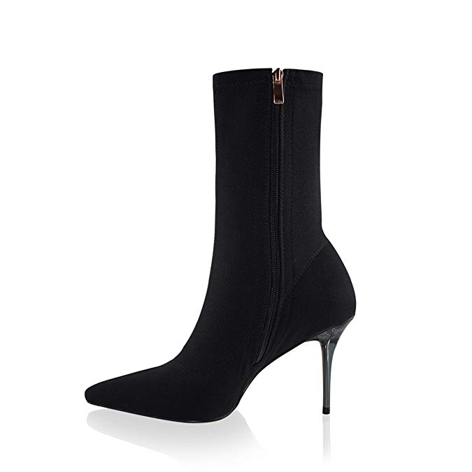 vivianly Stretch Pointed Toe Sock Booties Mid-Calf Ankle Boot Stiletto Heel Boots for Women