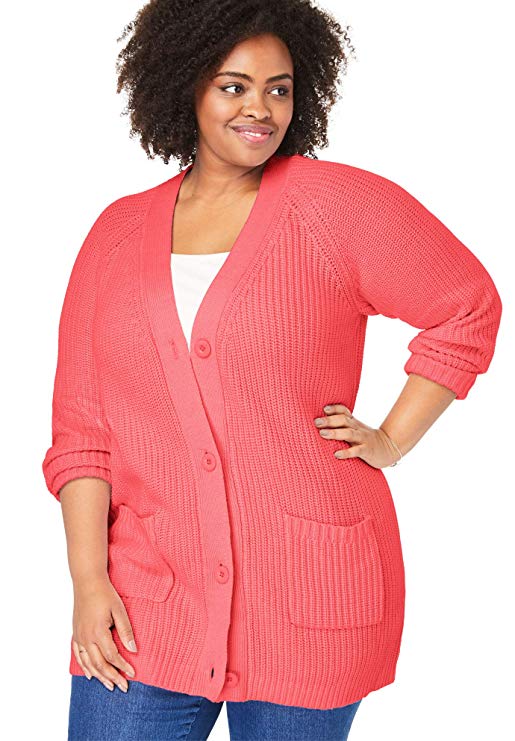 Woman Within Women's Plus Size Button Front Shaker Cardigan