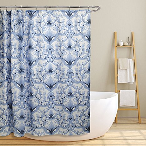 Linen Store Fabric Canvas Shower Curtain, 70"x70", Miley, Colorful Blue Scroll Damask Design