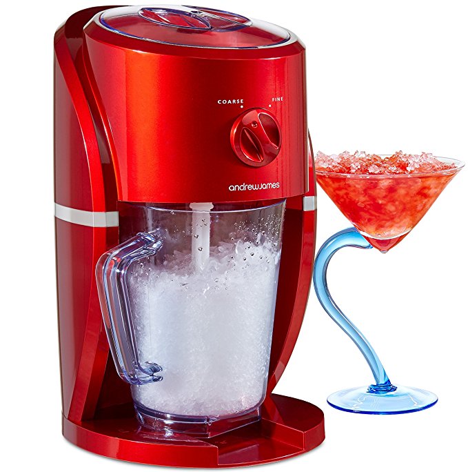 Andrew James Slushie Maker Ice Crusher Shaver Electric Machine with Blender Stirrer Mix Jug - 2 Coarseness Settings - Retro Red Design - Great for Snow Cones Cocktails Smoothies Etc - 25W