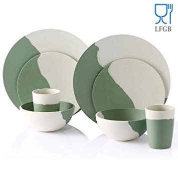 Bamboo Dinnerware Set, Morgiana 8-Pieces Reusable Tableware Set Bamboo Fiber Plates, Cups, Bowls (White&Green)