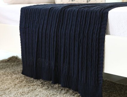 CottonTex Cotton Knitted Cable Throw Soft Warm Cover Blanket Cable Knitting Pattern, 70*78 Inches, Navy