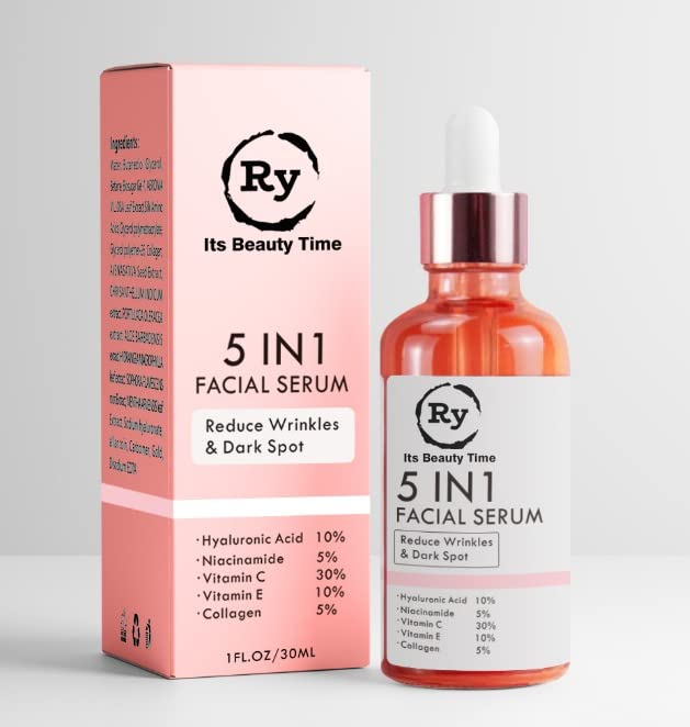 RY 5 in 1 Hyaluronic Acid Serum with Vitamin E and Niacinamide for Dark Spots, Even Skin Tone, Eye Area, Fine Lines & Wrinkles