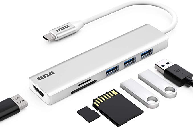 RCA 6 in 1 USB C Hub, USB C Adapter with HDMI Port, 3 USB 3.0 Ports, SD and TF Card Readers, Compatible with MacBook Pro, ChromeBook, XPS, Laptop and more USB Type C Devices