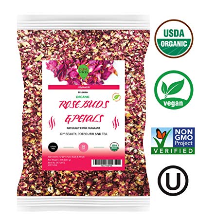 Dualspices Organic Rose Buds & Petals Tea 4 Oz - Food grade edible Fragrant Natural Healthy Best for Tea, Baking, Making Rose Water, Crafting Freshest Directly from BULGARIA