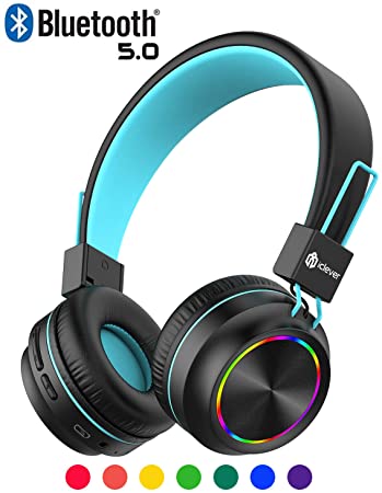 iClever BTH03 Kids Wireless Headphones, Colorful LED Lights Kids Headphones with MIC, 25H Playtime, Stereo Sound, Bluetooth 5.0, Foldable, Childrens Headphones on Ear for Study Tablet Airplane, Black