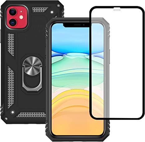 Yiakeng iPhone 11 Cases, iPhone 11 Case, With Tempered Glass Screen Protector, Silicone Shockproof Military Grade Protective Phone Cover with Ring Kickstand for iPhone 11 Phone Case (Black)