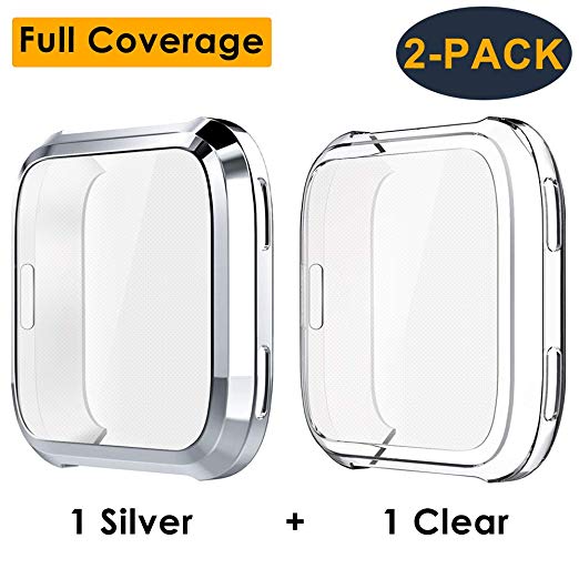 CAVN Fitbit Versa Screen Protector Case [2 Packs], TPU Plated Screen Protector Rugged Cover Full Coverage All-round Scratch-Proof Protective Bumper Shell for Fitbit Versa Smartwatch, Clear Silver