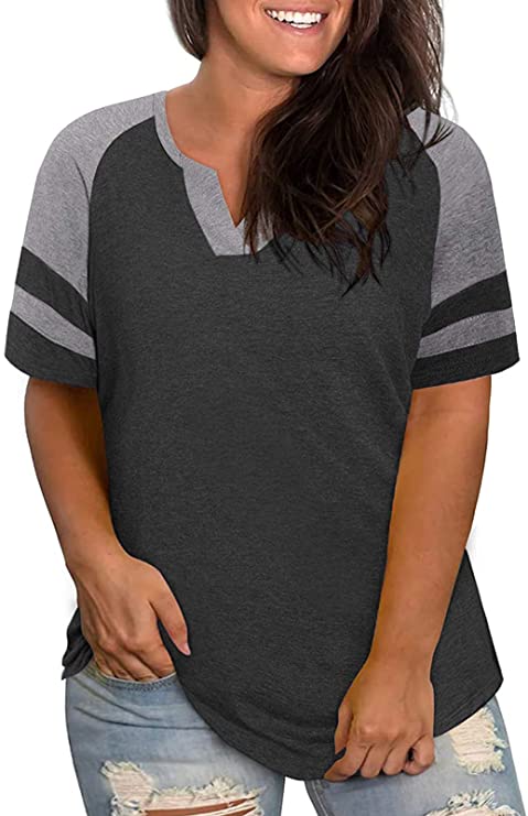 DOLNINE Womens Plus-Size Tops Striped V Neck T Shirts Summer Raglan Tunics