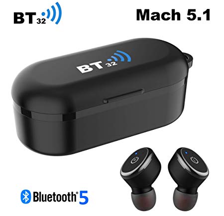 BT32 Mach 5.1, TWS (True Wireless Stereo) Bluetooth 5.0 EDR Earbuds with Rugged Charging Case, IPX8 Waterproof, in-Ear, Built-in Mic, Premium Sound with Deep Bass for Running, Gym and Sports