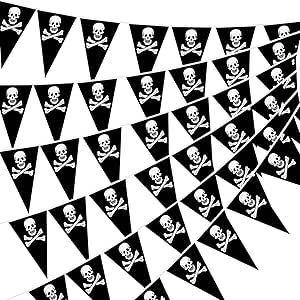 Tatuo 99 Feet Long Pirate Party Decorations Pirate Flag Banner Halloween Pirate Birthday Party Supplies Pirate Skull Pennant Flags Triangle for Halloween Outdoor Indoor Decorations Party Supplies