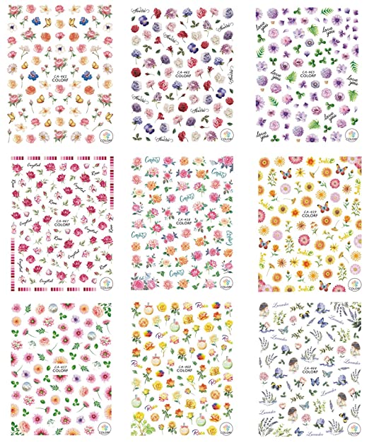9 Sheets Flower Nail Stickers, Self-Adhesive Rose Leaf Butterfly Flower Nail Art Sticker Decals Manicure Nail Tip Decoration