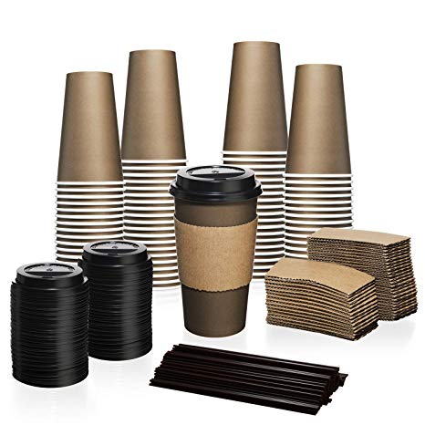 80 Disposable Humans for Health Hot Paper Coffee Cups - 16 oz | Set includes 80 Cups   Lids   Sleeves   Stir Straws