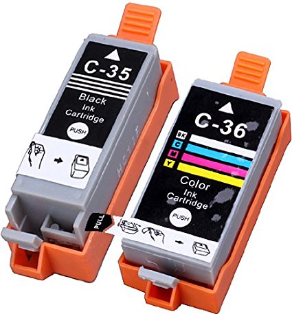 2 Pack Compatible Canon CLI-36 , PGI-35 1 Tri Color, 1 Black for use with Canon PIXMA iP100l, PIXMA mini260, PIXMA mini320, RFB IP100. Ink Cartridges for inkjet printers. CLI-36-C / 1511B002 , PGI-35-BK / 1509B002 © Blake Printing Supply