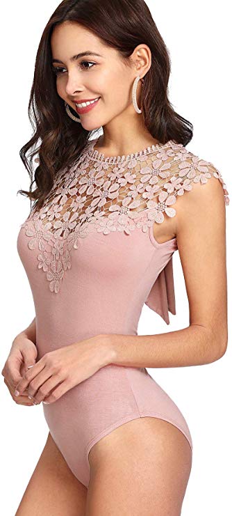 DIDK Women's Sheer Floral Lace Bow Knot Back Bodysuit