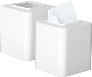 Youngever 2 Pack Tissue Box Covers, Hard Plastic Square Tissue Box Holders, Square Napkin Box Holders, ABS Material (White)