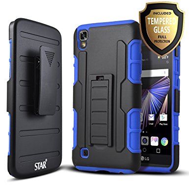 LG XPower Case, LG X Power Case, Starshop [Armor Holster] Dual Layers Kickstand Case With [0.33m 9H Tempered Glass Screen Protector Included] and Locking Belt Clip (Blue)
