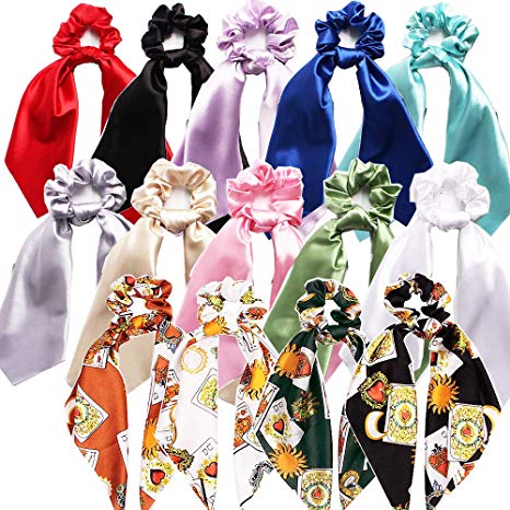 24HOCL 14 Pcs Bowknot Hair Scrunchies Set, 4 Pcs Satin Silk Poker Hair Scarf 10 Pcs Solid Colors Scrunchie Ties with Bows Pattern Hair Accessories Ropes for Women Girls, Style D