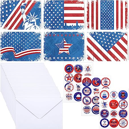 Outus 30 Sets Patriotic Blank Greeting Cards Kits American Flag Note Cards with White Envelopes and Stickers Bulk 4th of July USA Note Cards for Veterans Military Independence Day Party Essentials