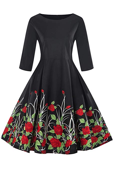 Babyonlinedress O-Neck 3/4 Sleeve Floral Printed Vintage Dresses for Women