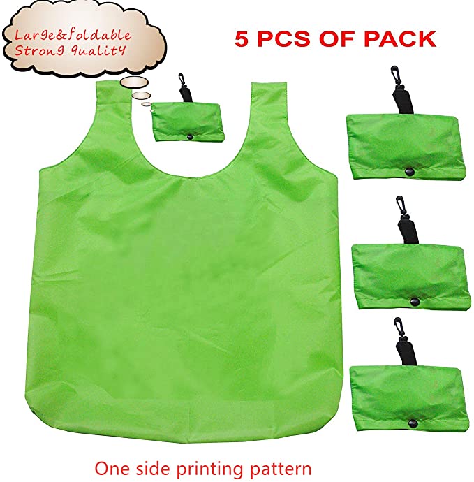 Resuable Grocery Shopping Bag, Foldable Totes Polyester Shopping Bags of 5PCS Lightweight Environment Friendly (Green, Large 5053CM)