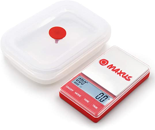 Digital Scale 1000g x 0.1g and a Customized Collapsible Silicone Bowl with Silicone Lid 600ML - MAXUS MATE 1000 Portable Mini Kitchen Scale 35oz x 0.01oz Ounce Gram Red